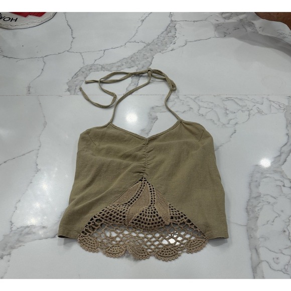 Halter Tank Top Womens Small Beige Crochet Lace Linen Blend Cropped Boho - Picture 9 of 9